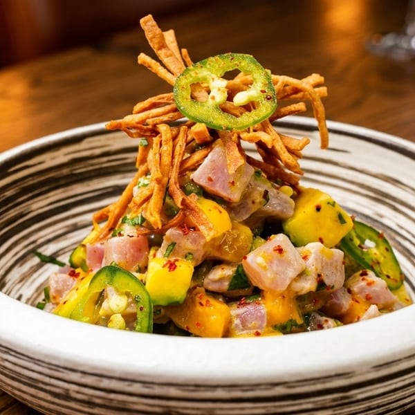 A colorful poke bowl with tuna, mango, jalapeños, and crispy toppings in a decorative bowl.