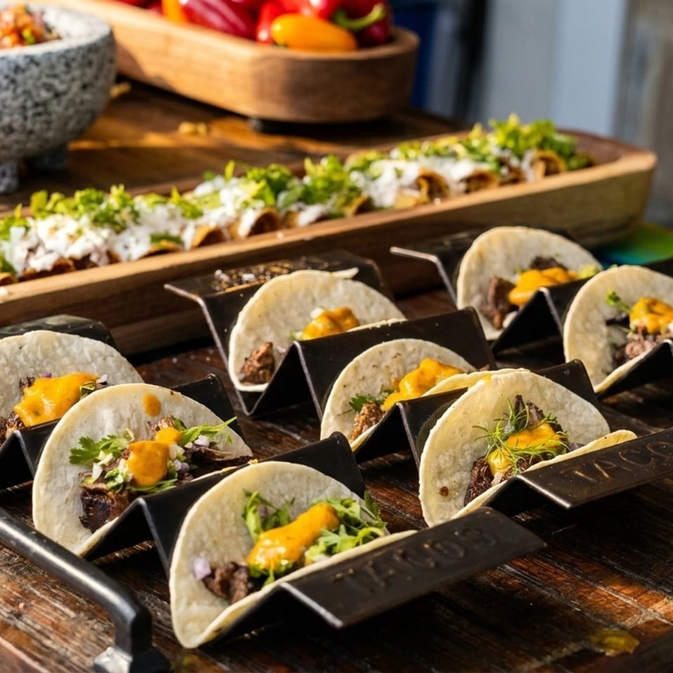 A vibrant spread of tacos, taquitos, salsa, and peppers on a colorful striped tablecloth.