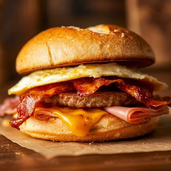 A breakfast sandwich with egg, bacon, sausage, ham, and melted cheese on a bun.