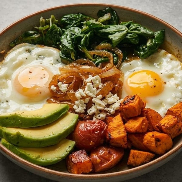 Breakfast bowl with fried eggs, spinach, caramelized onions, avocado, roasted tomatoes, and sweet potatoes.
