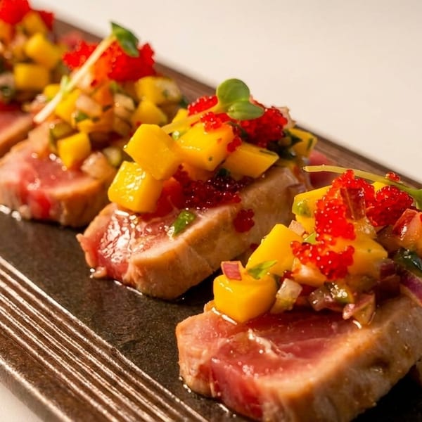 Seared tuna slices topped with mango salsa, red tobiko, and microgreens on a dark rectangular plate.
